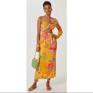 Anthropology x Farm Rio orange one sleeve cutout maxi